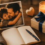 Foto de papá con su hijo junto a un regalo, vela y cuaderno para dedicar poemas de cumpleaños.