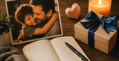 Foto de papá con su hijo junto a un regalo, vela y cuaderno para dedicar poemas de cumpleaños.
