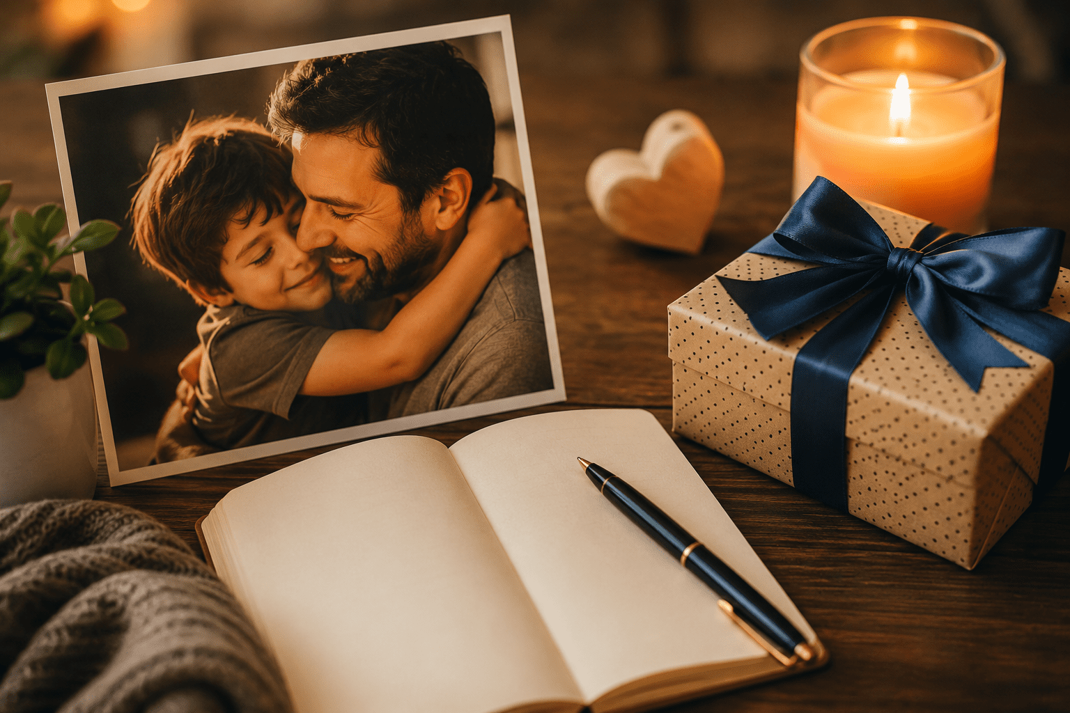 Foto de papá con su hijo junto a un regalo, vela y cuaderno para dedicar poemas de cumpleaños.