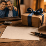 Regalo, tarjeta y foto de un padre con su hijo para celebrar el cumpleaños de papá