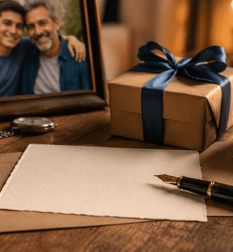 Regalo, tarjeta y foto de un padre con su hijo para celebrar el cumpleaños de papá