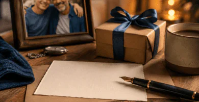 Regalo, tarjeta y foto de un padre con su hijo para celebrar el cumpleaños de papá