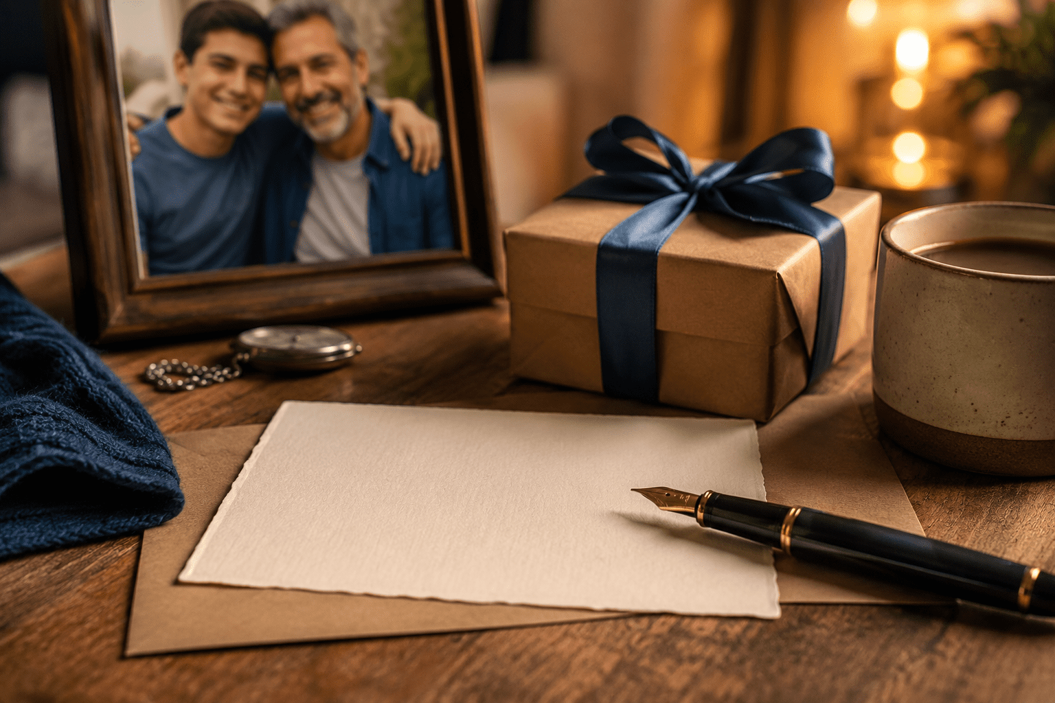 Regalo, tarjeta y foto de un padre con su hijo para celebrar el cumpleaños de papá