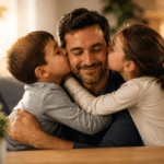 Padre sonriente recibe besos de sus hijos en un hogar cálido, escena familiar para poemas del Día del Padre.
