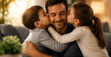 Padre sonriente recibe besos de sus hijos en un hogar cálido, escena familiar para poemas del Día del Padre.