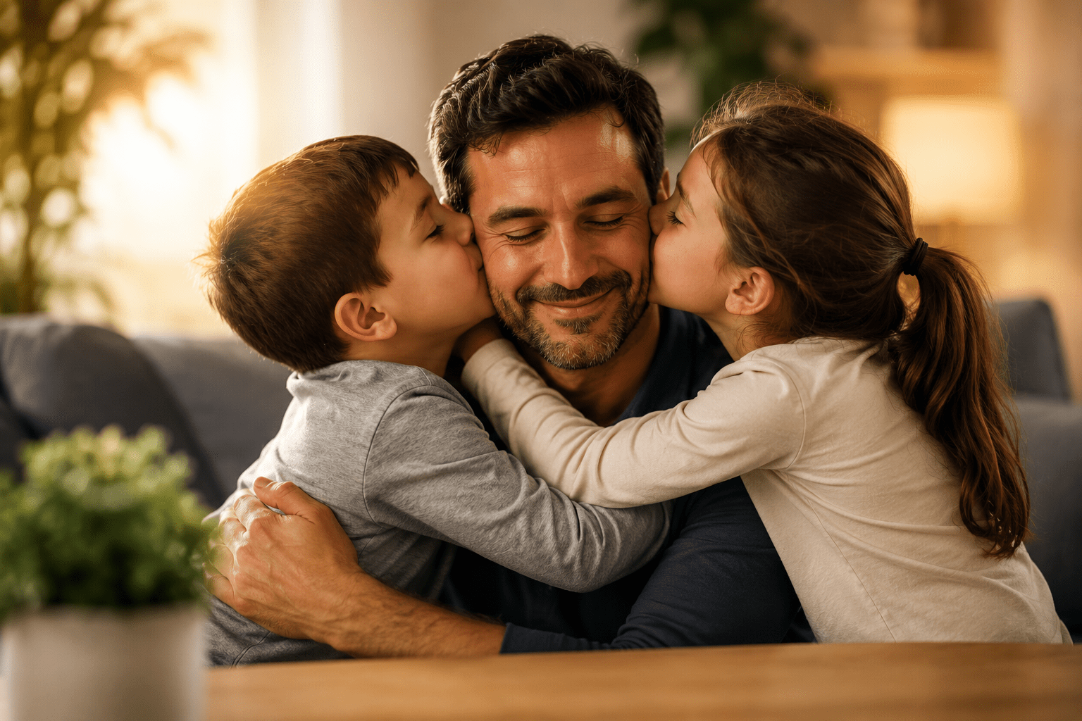 Padre sonriente recibe besos de sus hijos en un hogar cálido, escena familiar para poemas del Día del Padre.