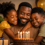 Papá de piel negra abrazado por sus hijos durante una celebración de cumpleaños con pastel y velas
