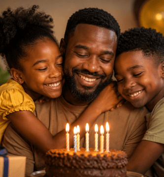 Papá de piel negra abrazado por sus hijos durante una celebración de cumpleaños con pastel y velas