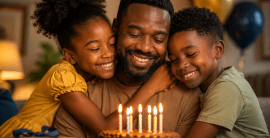 Papá de piel negra abrazado por sus hijos durante una celebración de cumpleaños con pastel y velas