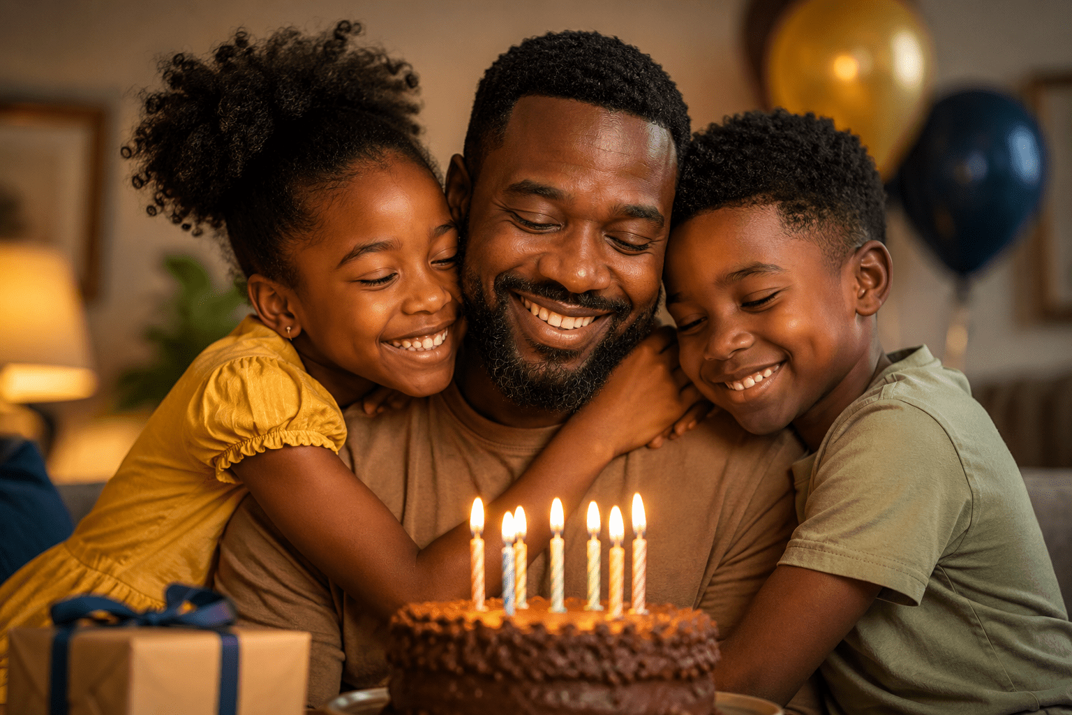 Papá de piel negra abrazado por sus hijos durante una celebración de cumpleaños con pastel y velas