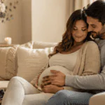 Pareja esperando un bebé en casa, futuro papá acariciando el vientre de la mamá embarazada en un momento tierno del Día del Padre.
