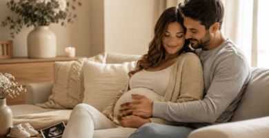 Pareja esperando un bebé en casa, futuro papá acariciando el vientre de la mamá embarazada en un momento tierno del Día del Padre.