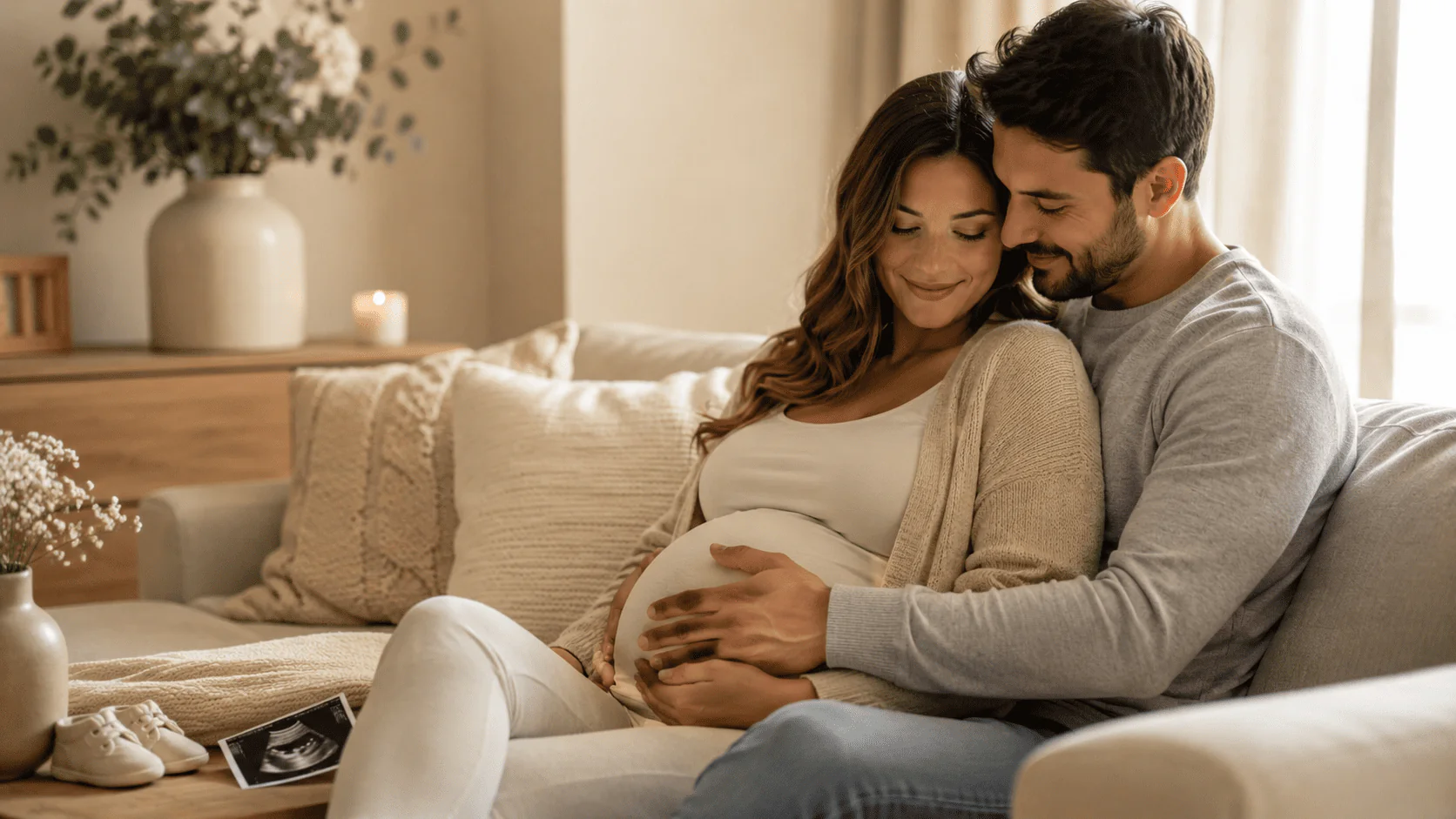 Pareja esperando un bebé en casa, futuro papá acariciando el vientre de la mamá embarazada en un momento tierno del Día del Padre.
