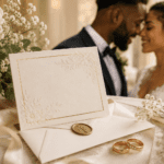 Invitación de boda elegante con flores, anillos y pareja de novios al fondo en una escena romántica.