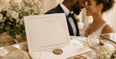 Invitación de boda elegante con flores, anillos y pareja de novios al fondo en una escena romántica.
