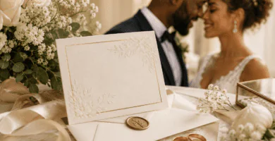 Invitación de boda elegante con flores, anillos y pareja de novios al fondo en una escena romántica.