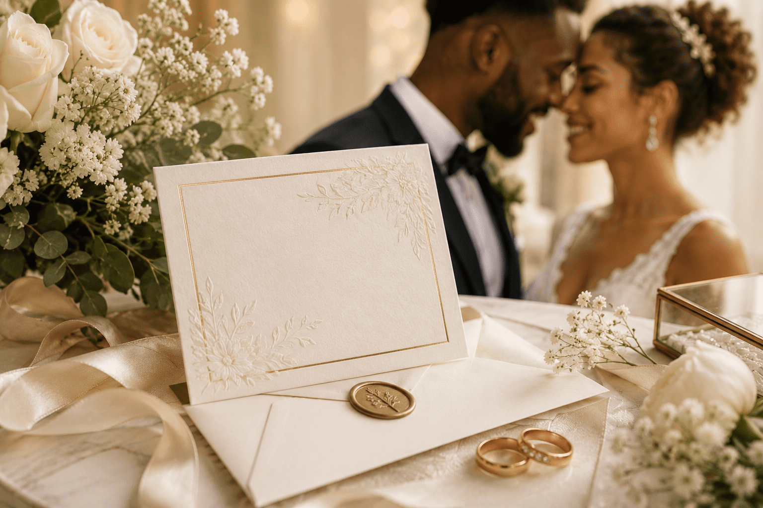 Invitación de boda elegante con flores, anillos y pareja de novios al fondo en una escena romántica.
