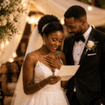 Novia emocionada leyendo un poema durante su boda junto al novio en una ceremonia romántica.