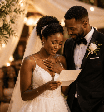 Novia emocionada leyendo un poema durante su boda junto al novio en una ceremonia romántica.