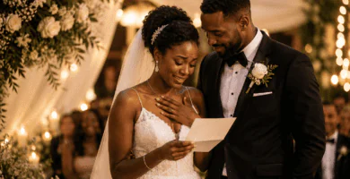 Novia emocionada leyendo un poema durante su boda junto al novio en una ceremonia romántica.