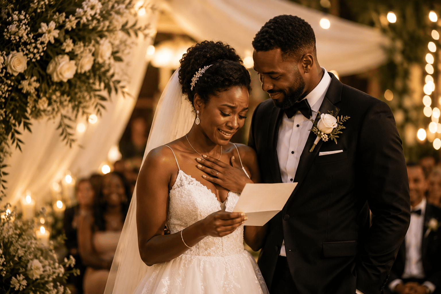 Novia emocionada leyendo un poema durante su boda junto al novio en una ceremonia romántica.