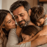Esposo emocionado recibe el abrazo de su esposa e hijos en casa, imagen para poemas del Día del Padre que hagan llorar.