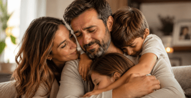 Esposo emocionado recibe el abrazo de su esposa e hijos en casa, imagen para poemas del Día del Padre que hagan llorar.