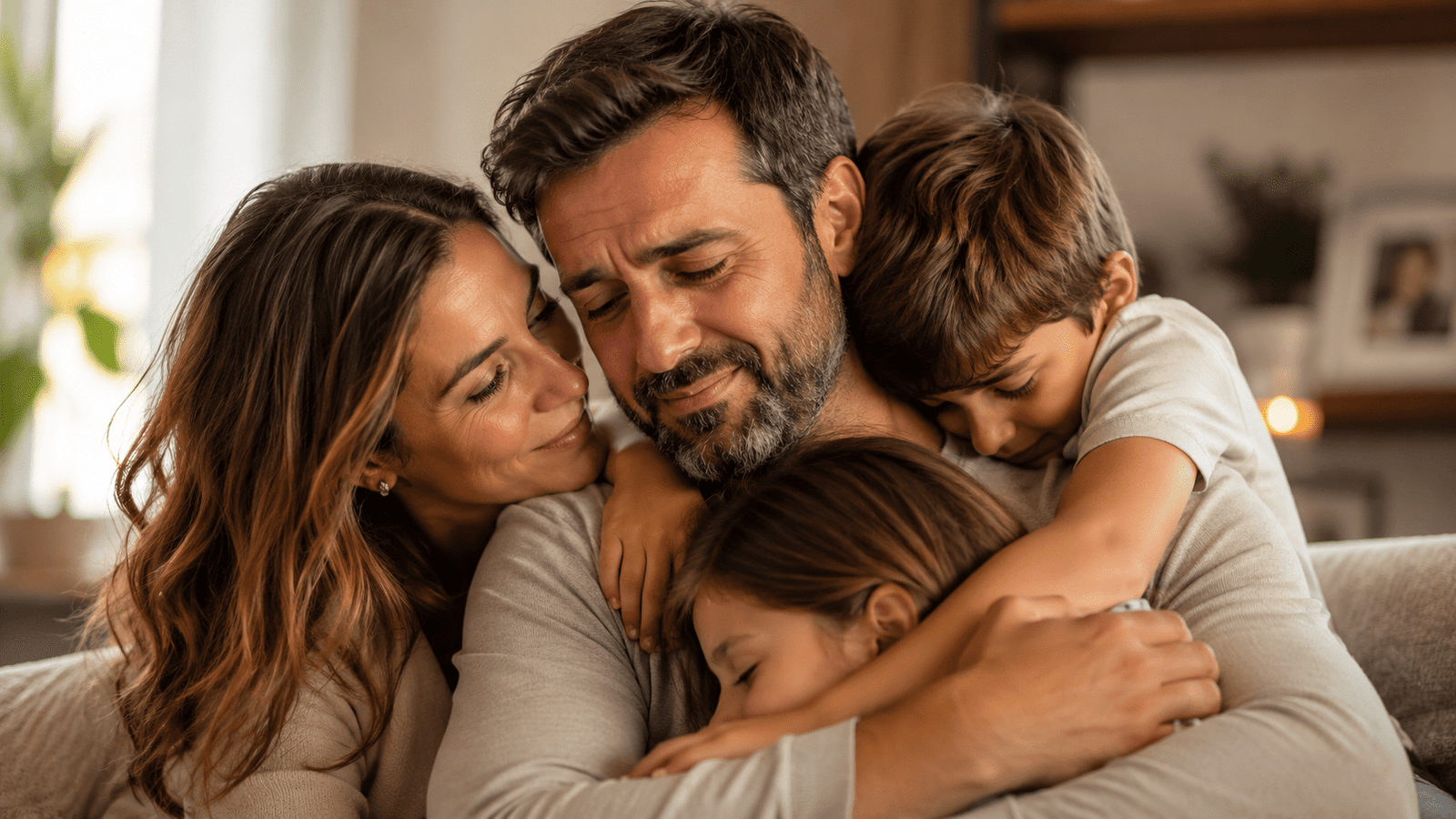 Esposo emocionado recibe el abrazo de su esposa e hijos en casa, imagen para poemas del Día del Padre que hagan llorar.