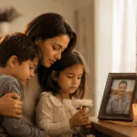 Madre con sus hijos recordando al esposo fallecido y padre de familia en el Día del Padre, junto a una foto, flores y una vela encendida.