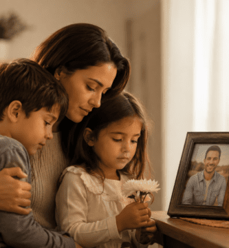 Madre con sus hijos recordando al esposo fallecido y padre de familia en el Día del Padre, junto a una foto, flores y una vela encendida.