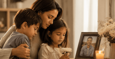Madre con sus hijos recordando al esposo fallecido y padre de familia en el Día del Padre, junto a una foto, flores y una vela encendida.