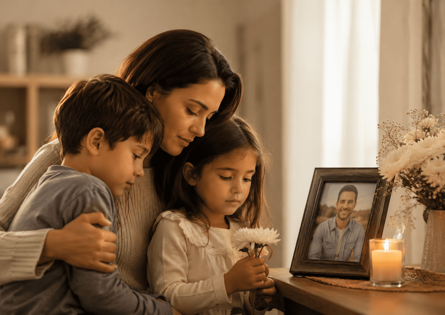 Madre con sus hijos recordando al esposo fallecido y padre de familia en el Día del Padre, junto a una foto, flores y una vela encendida.
