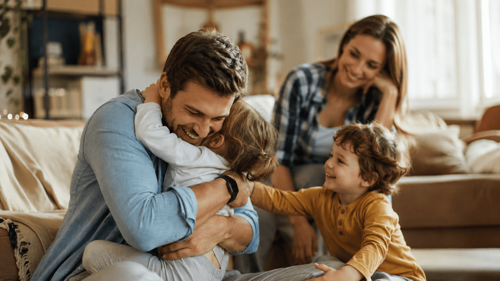 Esposo abrazando a sus hijos en casa mientras su pareja lo mira con amor, imagen cálida sobre un buen padre presente.