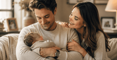 Esposo primerizo sosteniendo a su bebé junto a su esposa en un momento tierno del Día del Padre