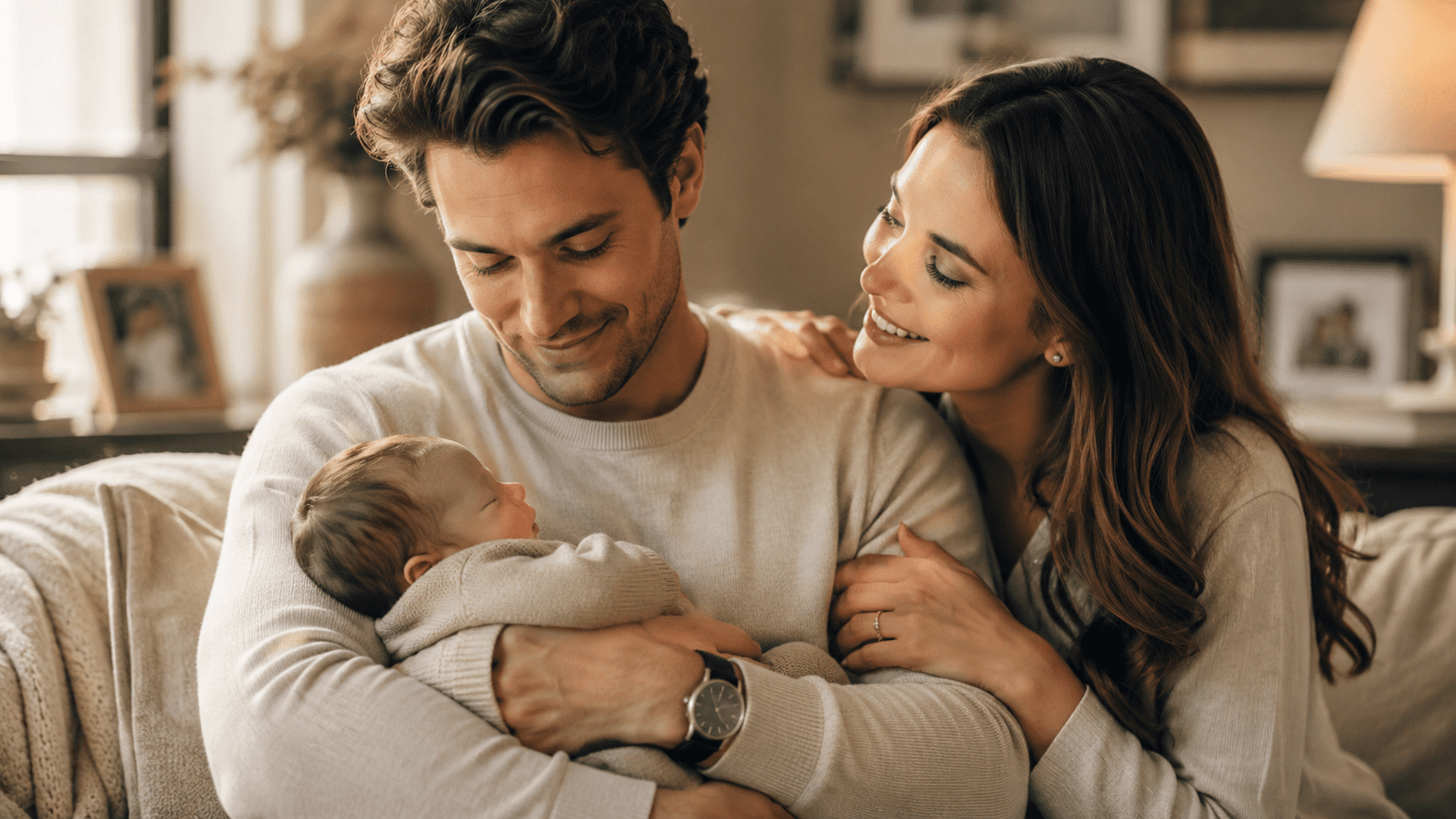 Esposo primerizo sosteniendo a su bebé junto a su esposa en un momento tierno del Día del Padre