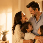 Esposo trabajador abrazando a su familia en casa para un artículo de poemas del Día del Padre.