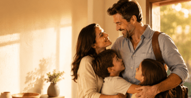 Esposo trabajador abrazando a su familia en casa para un artículo de poemas del Día del Padre.