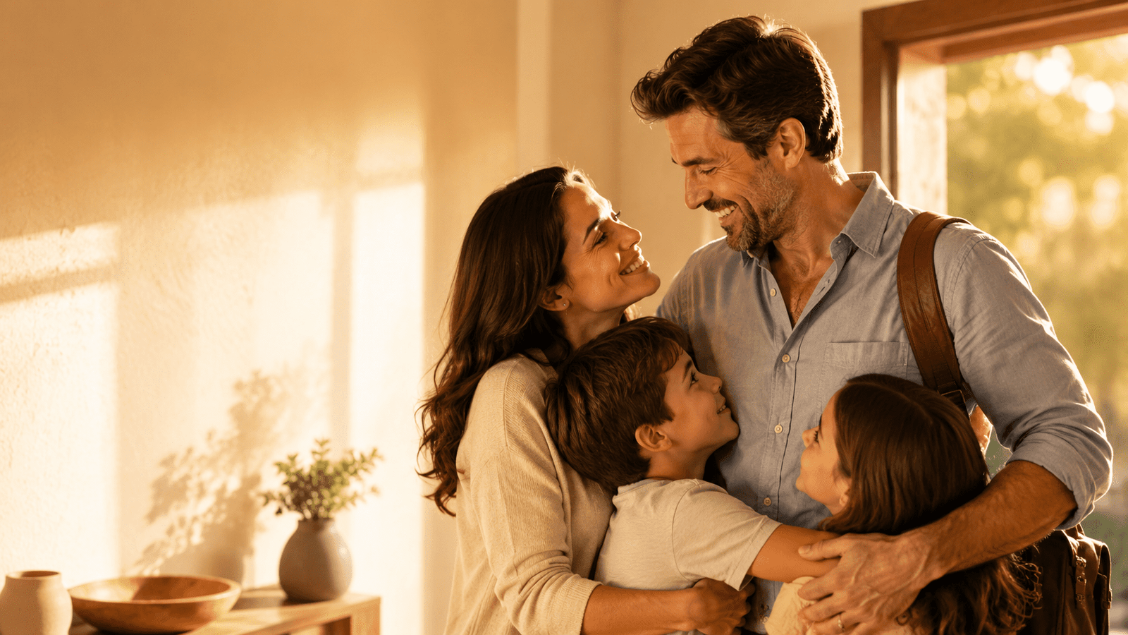 Esposo trabajador abrazando a su familia en casa para un artículo de poemas del Día del Padre.
