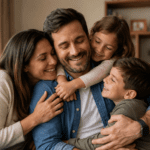 Esposa e hijos abrazando al papá de la familia en un momento de amor y unión en casa