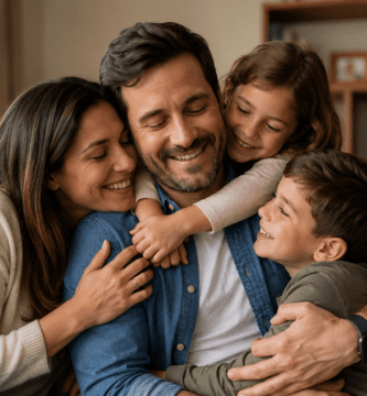 Esposa e hijos abrazando al papá de la familia en un momento de amor y unión en casa