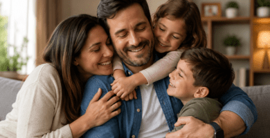 Esposa e hijos abrazando al papá de la familia en un momento de amor y unión en casa
