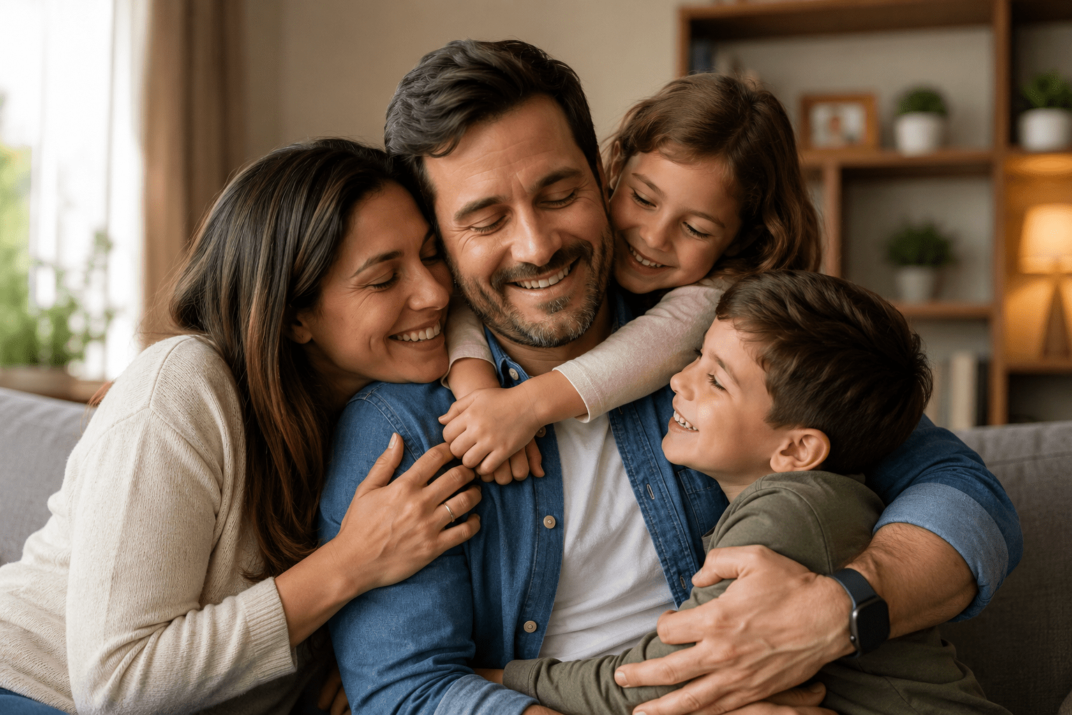 Esposa e hijos abrazando al papá de la familia en un momento de amor y unión en casa