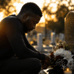 Hombre afrodescendiente recordando a su padre fallecido junto a una tumba con flores y una vela encendida