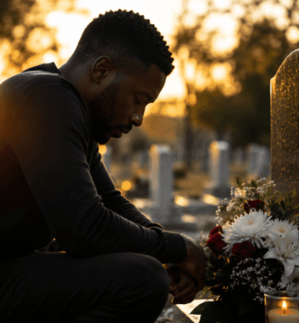 Hombre afrodescendiente recordando a su padre fallecido junto a una tumba con flores y una vela encendida