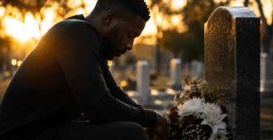 Hombre afrodescendiente recordando a su padre fallecido junto a una tumba con flores y una vela encendida