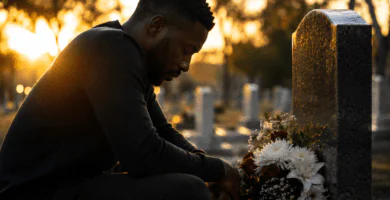 Hombre afrodescendiente recordando a su padre fallecido junto a una tumba con flores y una vela encendida