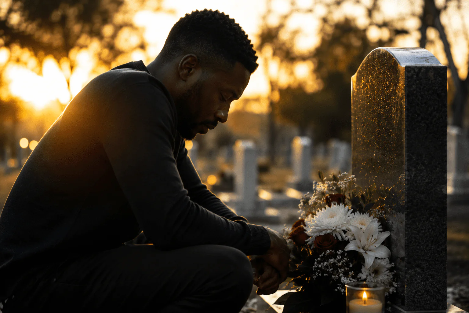 Hombre afrodescendiente recordando a su padre fallecido junto a una tumba con flores y una vela encendida
