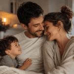 Pareja abrazada con un niño en casa, escena familiar para poemas en el Día del Padre.