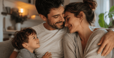 Pareja abrazada con un niño en casa, escena familiar para poemas en el Día del Padre.