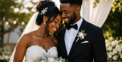 Pareja de novios afrodescendientes recién casados sonriendo en una boda elegante, representando poemas para novios